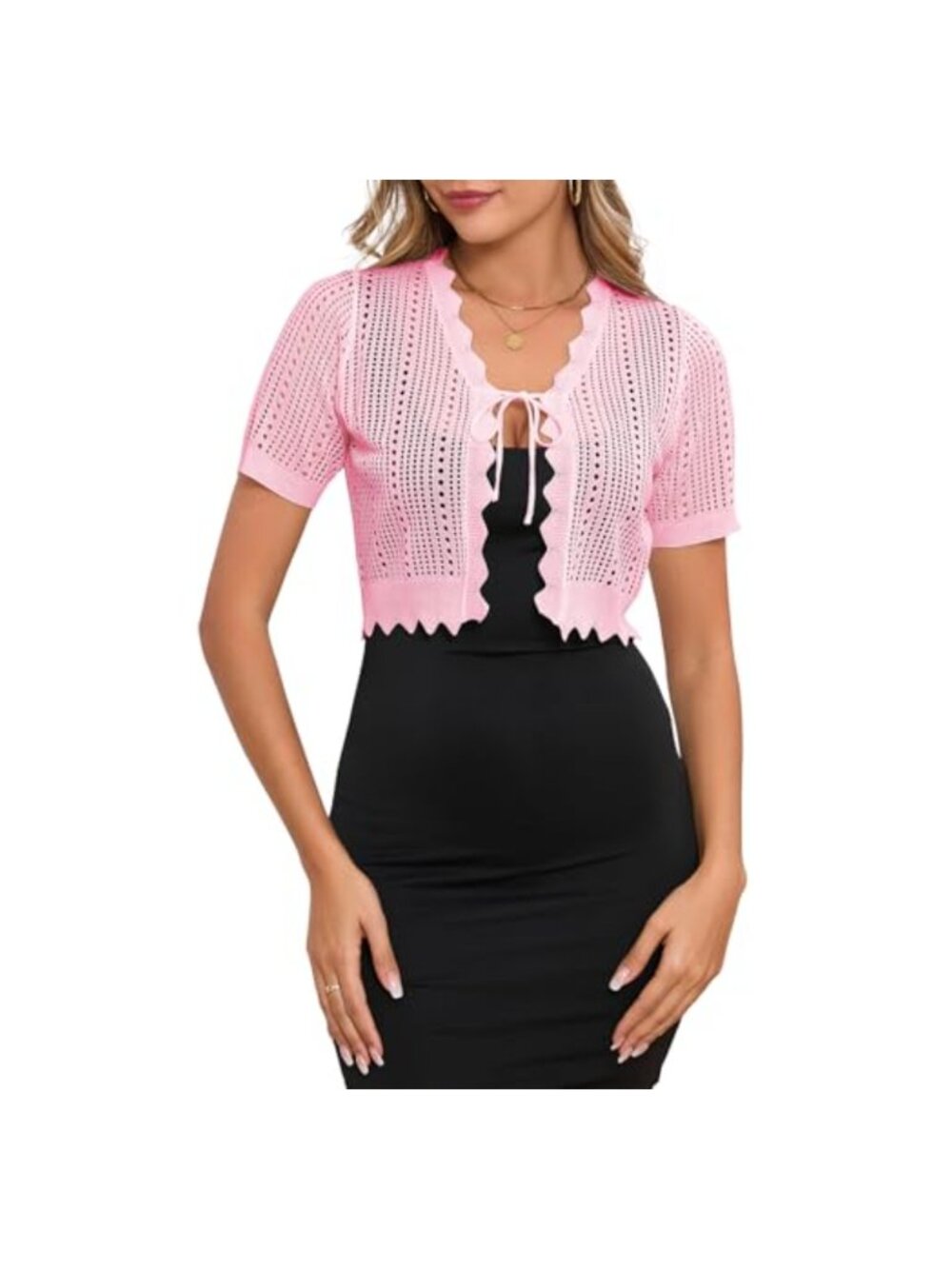 Women's Short Sleeve Crochet Shrug Cardigan V-Neck Boho Knit Sweater